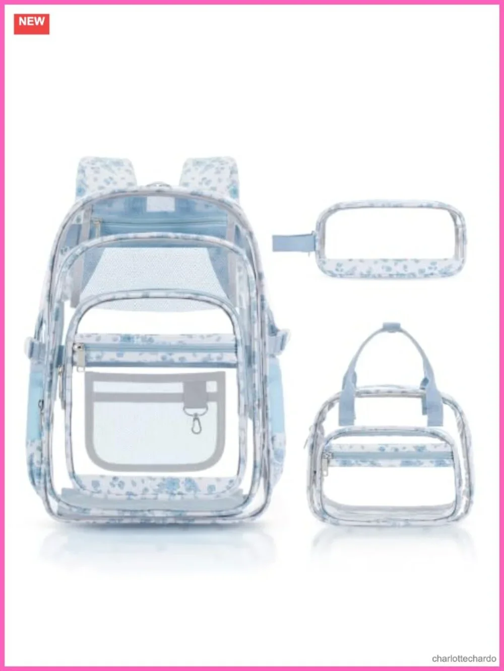 3-Piece Clear Backpack Set with Lunch Box & Pencil Case, Heavy Duty PVC, Large
